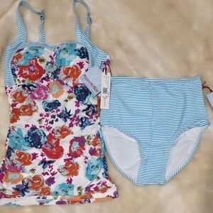 Divinita Sole Women’s Swimsuit – Blue Floral Top & Striped Bottoms, XS, New